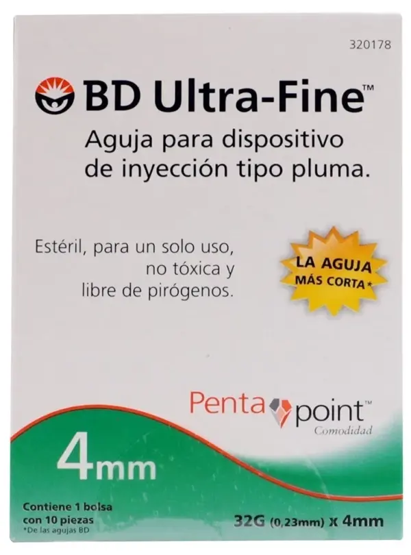 Bd Ultra-Fine Aguja Para Dispositivo De Inyección Tipo Pluma 32gx4mm 10 Agujas