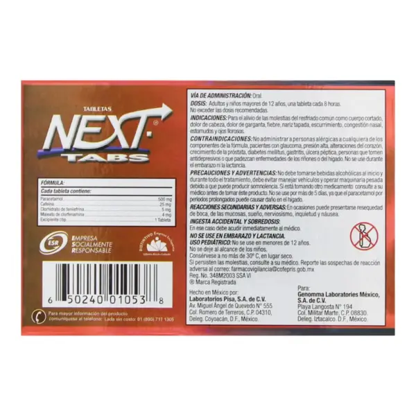 Next 500/25/5/4 Mg Con 10 Tabletas - Imagen 2
