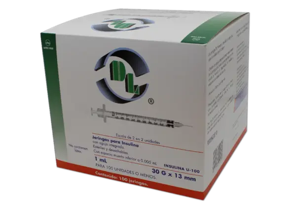 Jeringas para insulina 1 mL aguja 30G X 13mm, caja con 100 piezas